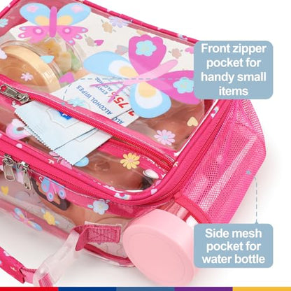 Bagseri Clear Kids Lunch Bag - School Snack Bag with Bottle Holder | Side Pocket, Buckle Handle, Wide Opening, PEVA Lining, School Kids Lunch Box, Clear Toy Bags, Pink Butterfly - color: B-rose pink butterfly