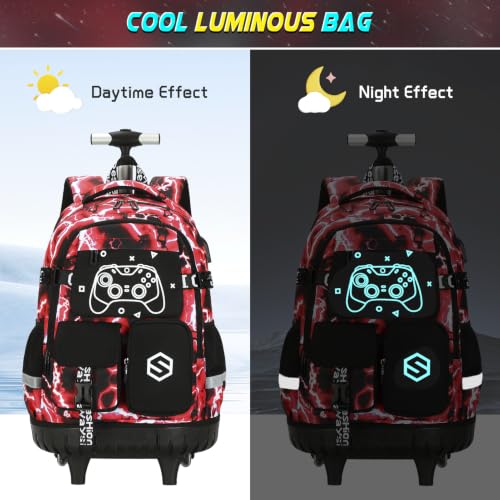 Scothen Rolling Backpack for Boys, Cool Luminous Gamer Roller School Backpacks for Boys with Lunch Bag and Pencil Pouch, Kids Backpack Bookbag with Wheels for Kindergarten Elementary Middle School - color: Red Lightning
