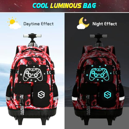 Scothen Rolling Backpack for Boys, Cool Luminous Gamer Roller School Backpacks for Boys with Lunch Bag and Pencil Pouch, Kids Backpack Bookbag with Wheels for Kindergarten Elementary Middle School - color: Red Lightning