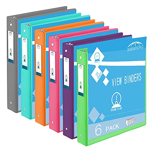 3 Ring Binders,1” Round Ring, Holds 8.5 * 11inch Papers, with 2 Pockets,6 Colors Binder Assorted Pack - color: 6 Pack 1 Inch Bidner