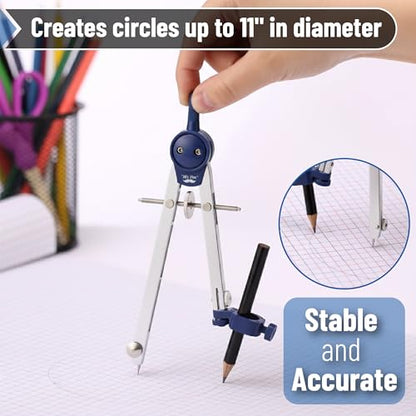 Mr. Pen- Metal Geometry Compass, Center-Wheel Design | Precision Drafting Compass with Pencil for School & Technical Drawing, Draws Circles up to 11 Inches Diameter - color: Silver