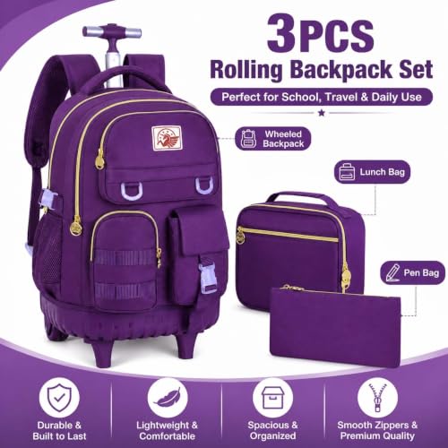 CCJPX 3PCS Rolling Backpack for Girls, Women Roller Bookbag with Lunch Box for Adults, Water Resistant Wheeled School Bag for Teens Kids Travel - Dark Purple - color: Dark Purple