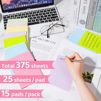 Lined Sticky Notes 4 x 6 Inches, 15 Pads, 375 Sheets, 7 Soft Pastel Colors, Self-Stick Note Pads, Large Rectangular Sticky Notes with Lines, Super Adhesive for Office, School, Home & Planner - size: 4x6 inch