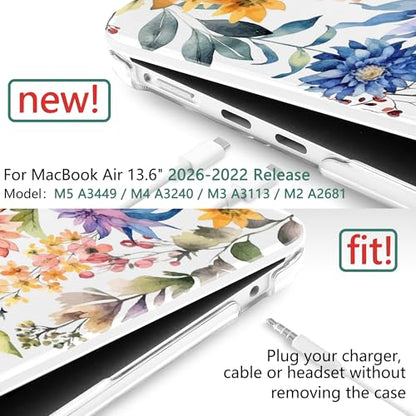 TWOLSKOO for MacBook Air 13 inch Case M5 2026 M4 2025 M3 M2 2024-2022 A3449 A3240 A3113 A2681, Plastic Hard Shell & Keyboard Cover & Screen Film for MacBook Air 13.6 inch Case, Beautiful Flowers - color: Beautiful Flowers D020