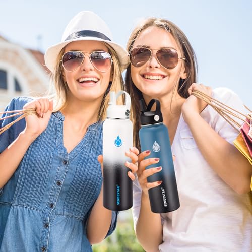 SENDESTAR Stainless Steel Wide Mouth Water Bottle 24oz Double Wall Vacuum Insulated Leak Proof Bottle with New Flex Straw Lid & Spout Lid - color: Day&Night-A, size: 24 Ounces