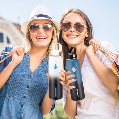 SENDESTAR Stainless Steel Wide Mouth Water Bottle 24oz Double Wall Vacuum Insulated Leak Proof Bottle with New Flex Straw Lid & Spout Lid - color: Day&Night-A, size: 24 Ounces