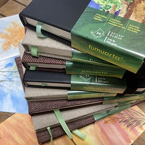 Watercolor Journal Sketchbook, 140 LB, 300 GSM, Cotton Paper, Cold Press | 3.5x5.5", 24 Sheets, 48 Pages, tumuarta Acid Free Watercolor Paper Sketch books For Use As Mixed Media Pad On The Go - color: Brown