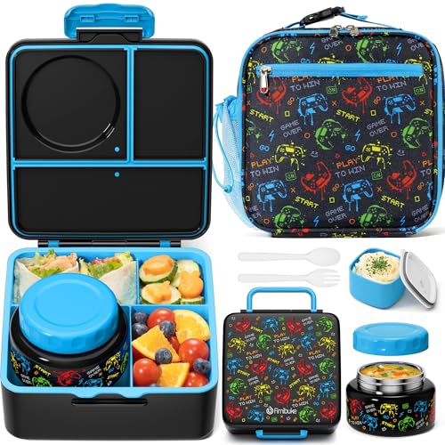 Fimibuke Bento lunch Box Set for Kids Adult with 8oz Insulated Food Jar, Lunch Bag & Sauce Cup, Leakproof Dishwasher Safe Toddler Lunch Food Container with 3-4 Compartment for School Girls Boys - color: A1.Game Controllers