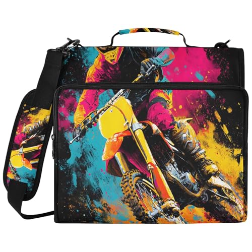 Colorful Motocross Zipper Binder Bag 3 Ring Binder with Shoulder Strap Zip Multi Pockets Portfolio Bags Capacity Up 500 Sheets for School Office Supplies - color: Colorful Abstract Motocross Artwork
