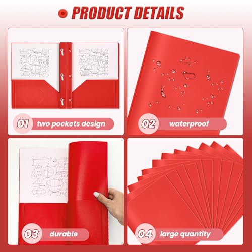 Yeaqee 30 Pcs Plastic Folders with Pockets and Prongs Plastic Folder 2 Pockets 3 Prongs with Card Slot for Office, School for Students, Teachers, Office Workers (Red) - color: Red
