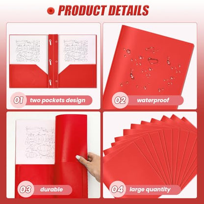 Yeaqee 30 Pcs Plastic Folders with Pockets and Prongs Plastic Folder 2 Pockets 3 Prongs with Card Slot for Office, School for Students, Teachers, Office Workers (Red) - color: Red