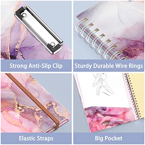 Rimilak Spiral Clipboard Folio with Refillable Lined Notepad, 14.5 x 9.8 in, Hardcover Cover with 5 Interior Pockets, Elastic Band and Pen Loop Series. Cute Stylish Clipfolio, Pink Gold Marble - color: Pink Flow Marble