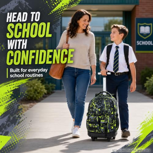 WZLVO 3PCS Roller Backpack, Water Resistance Boys Wheeled Bookbag, Rolling School Bag Set with Lunch Box & Pencil Bag for Teens & Kids - Spray Painted Green - color: 3pcs Boys Rolling Backpack - Spray Painted Green
