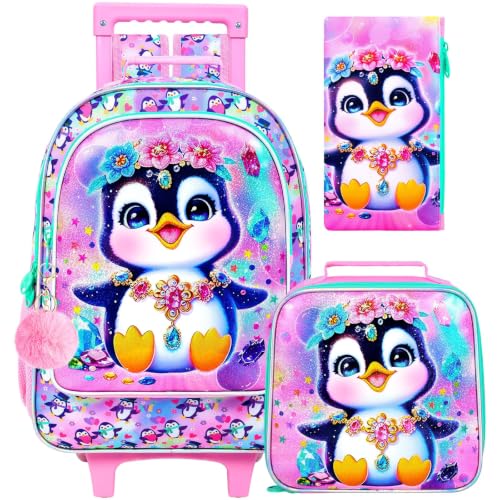 3Pcs Rolling Backpack for Girls, Penguins Kids School Backpacks with Wheels, Roller Bookbag with Lunch Box for Elementary Preschool(Pink) - color: Penguin Pink
