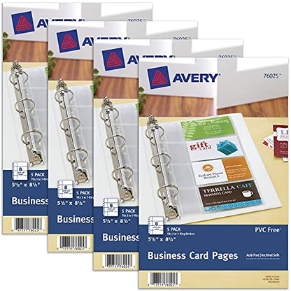 Avery Clear Business Card Organizer Pages for 5.5" x 8.5" Mini Binders, Pack of 5 Holds 40 Cards, 4 Packs, 20 Pages Total (76025) - style: 4 Pack