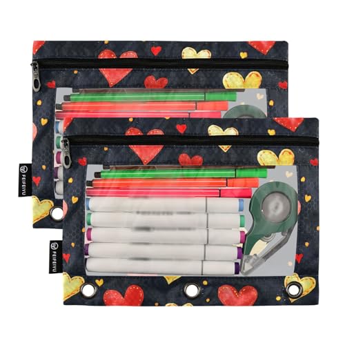 Fustylead Red and Yellow Hearts Big Capacity Pencil Bag Fits 3 Ring Binders, Waterproof Pencil Case with Clear Window for School Cosmetic Office Students Supplies 2 Pack - color: Black01