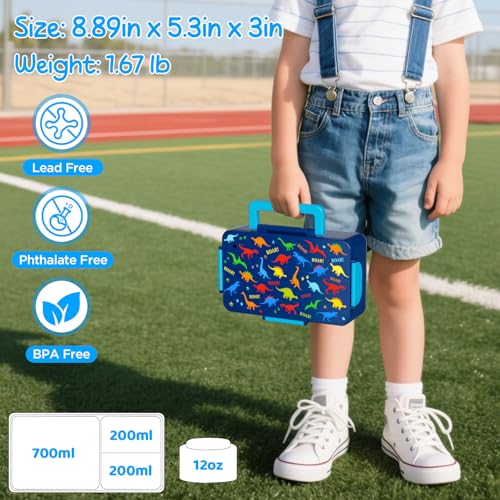 Dinosaur Bento Lunch Box for Kids – 12 oz Stainless‑Steel Soup Thermo & 3‑Compartment Leak‑Proof Food Container with Built‑In Ice Pack, Insulated Food Jar for Boys & Girls, School & Travel - color: Blue-Dinosaur
