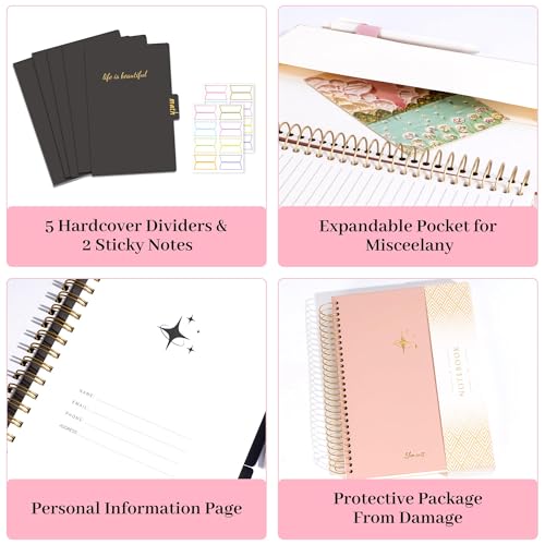 FLYING EAGLE Leather Spiral Notebooks for Work 5 Subject Notebook College Ruled with Dividers Pen, 360 Pages B5 Hardcover Lined Journals for Women Men Writing,Pink - color: C.pink
