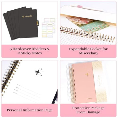 FLYING EAGLE Leather Spiral Notebooks for Work 5 Subject Notebook College Ruled with Dividers Pen, 360 Pages B5 Hardcover Lined Journals for Women Men Writing,Pink - color: C.pink