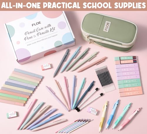 65PCS Aesthetic School Supplies Back to School Supplies Cute Stationary Set | College Essentials Kit with Pencil Case, Pastel Highlighters Gel Pens Mechanical Pencil Set 0.5 0.7 & 2.0mm for Student Girls - color: Green Daisy