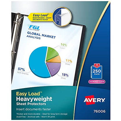 Avery Diamond Clear Heavyweight Sheet Protectors, Easy Load, 250 Document Protectors (76006) | Top Loading Design | Polypropylene Construction | Prepunched Binder Holes | Archival Safe Storage | Nonstick Finish - style: 250 Pack