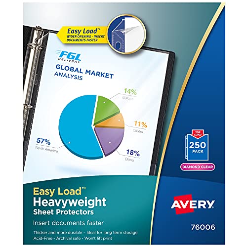 Avery Diamond Clear Heavyweight Sheet Protectors, Easy Load, 250 Document Protectors (76006) | Top Loading Design | Polypropylene Construction | Prepunched Binder Holes | Archival Safe Storage | Nonstick Finish - style: 250 Pack