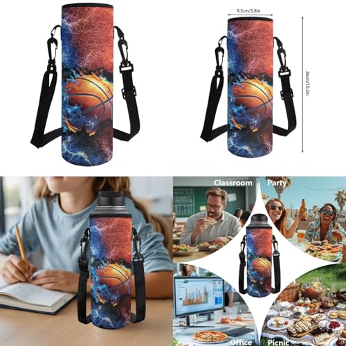 Flaming Basketball Print Backpack Set, 4 PCS Daily School Bag with Lunch Box, Pencil Case and Water Bottle Cover, for Elementary Students Ages 9-12 Outdoor Travel - color: Flaming Basketball Print