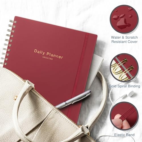 AuroPlanner Undated Daily Planner Notebook 8.5x11 Hourly Schedule Red | office & student planning, 180 pages 100 GSM cream white paper hardcover spiral bound notebook, 2026-2028 reference calendar - color: Red