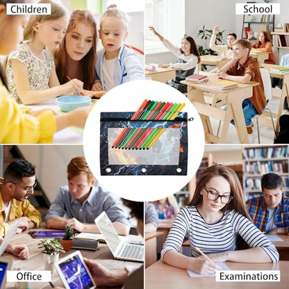 Kcldeci Pencil Pouch for 3 Ring Binder, Soccer Ball in Fire and Water 2 Pack Binder Pencil Pouch with Clear Window Pencil Bags with Zipper Pencil Case for Binder - color: A01