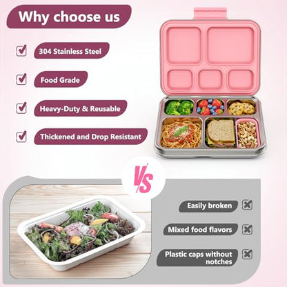 Pawtong Stainless Steel Lunch Box, 5-Compartment Bento Lunch Box for Kids & Adults,Metal Lunch Box with Removable Silicone Container, Lunch Box Containers for School,Office(Pink) - color: Pink