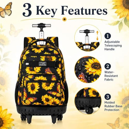 3Pcs Rolling Backpack for Girls, 19 Women Inche Roller Bag with Wheels, Sunflower Wheeled Bookbag Set for Adults(Yellow) - color: Sunflower