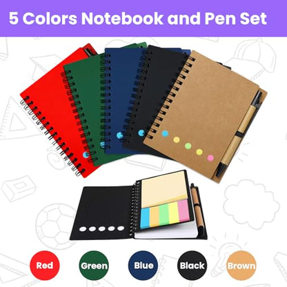 5 Pack Spiral Notebooks with Pen Set, 60 Sheets/120 Pages Lined Small Pocket Notebook and Pen Set Bulk Journals with Sticky Notes for Business Office School, 5 Colors (5)