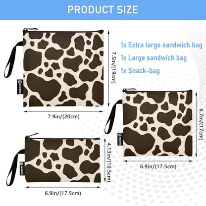 Reusable Food Storage Bags Cow Print Pattern 3 Pack Set Lunch Bag Compact Sandwich Snack Bag Small Medium Large for Lunch, Travel & Organization - color: Bag 26