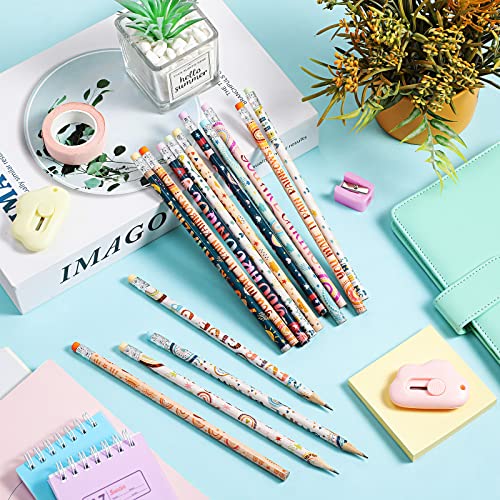 Funrous 60 Pieces Motivational Pencils Bulk Fun Boho Rainbow Inspirational Pencils with Sayings Welcome Back to School for Classroom 2nd 3rd Grade