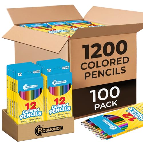 Rosmonde Colored Pencils 100 Pack Bulk | 1200 Pencils, Pre Sharpened Color Pencils Set, 12 Bright Colors, Easy Use, Easy Grip, Bulk Art Supplies for Classrooms, Drawing, Coloring, and School Projects - style: 100 Pack | 1200 Pencils