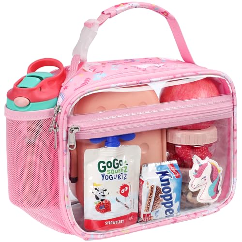 Bagseri Clear Kids Lunch Bag - School Snack Bag with Bottle Holder | Side Pocket, Buckle Handle, Wide Opening, PEVA Lining, School Girls Lunch Box, Clear Toy Bags, Pink Unicorn - color: A-pink unicorn