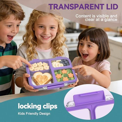 Stainless Steel Bento Box for Kids, 3-Compartment Metal Lunch Box with Clear Lid & Removable Silicone, Lunch Box Kids with Silicone Inner Container for Meal Prep, School, Office (Purple) - color: Purple
