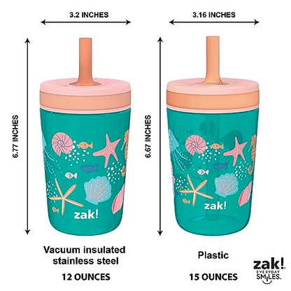 Zak Designs Shells Kelso Tumbler Set, Leak-Proof Screw-On Lid with Straw, Bundle for Kids Includes Plastic and Stainless Steel Cups with Bonus Sipper (3pc Set, Non-BPA) - color: Shells, size: 3 Piece Set (Pack of 1)
