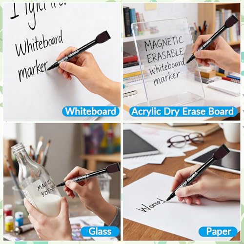 Magnetic Dry Erase Markers, 0.5 mm Ultra Fine Black Whiteboard Markers with Built-in Eraser, Low Odor Thin Marker for White Board Home Office Classroom, 12 Pcs