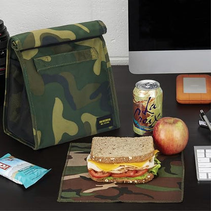 2nd Childhood Insulated Lunch Bag for Men, Durable & Reusable, Camo | Slim lunch bag with carry handle, two mesh side pockets and a back slip pocket; insulated liner keeps food cool - color: Camo
