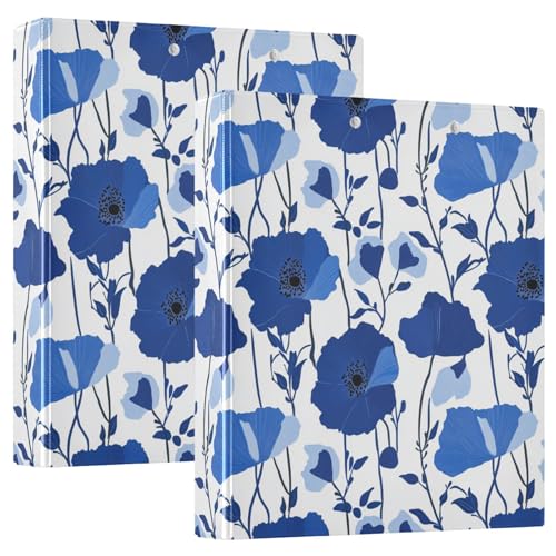 Cobalt Blue and White Poppy Flowers 3 Ring Binder 1.5" Decorative D-Ring Binder with Clipboard&3 Clear Pockets, Holds 200 Sheets A4 Size Paper Waterproof Binders for School Home Office|2 Pack - color: Cobalt Blue Poppy, size: 12.4x10.63x2.36 Inch-2 Pack