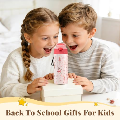 12oz Ballet Kids Water Bottle, Ballerina Water Bottle for School, Pink Kids Insulated Bottles with Straw & Handle, Leak-Proof, BPA-free, Straw Lid, Stainless Steel for Travel Gift Cup for Girls - color: Ballet