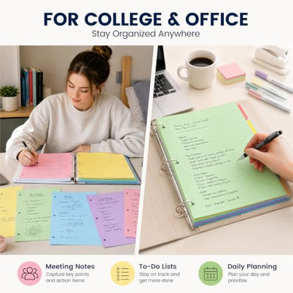 Koogel Wide Ruled Loose Leaf Paper, 8 x 10.5 Inch Filler Notebook Lined Paper, 5 Color, 3 Hole Punch Lined Writing Notebook for 3 Ring Binders for College Essentials School Office Supplies, 300 Sheets