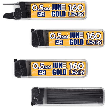 June Gold 0.5 mm, 640 Lead Refills, 4B, 4 Dispensers/w 160 Pieces Each | Fine Thickness, Break Resistant Graphite, Elegant Dispensing Mechanism - color: 4b Graphite, style: 0.5 mm