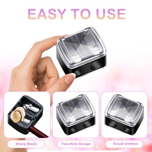 Makeup Pencil Sharpener, 4 Pack Dual Hole Cosmetic Pencil Sharpener for Lip Liner Eyeliner and Brow Pencils, Cosmetic Manual Tools for Women and Makeup Artists,Stainless Steel Blades and Plastic Cover - color: ‎black