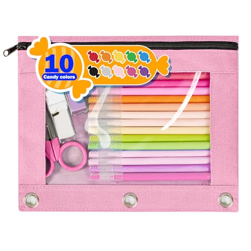 Forvencer Pencil Pouch for 3 Ring Binder, Large Pencil Case Pouch with 3 Reinforced Grommets, Pen Bag, Clear Window Pencil Case, Binder Accessories, Cotton Candy - color: Cotton Candy, size: 1 Pack
