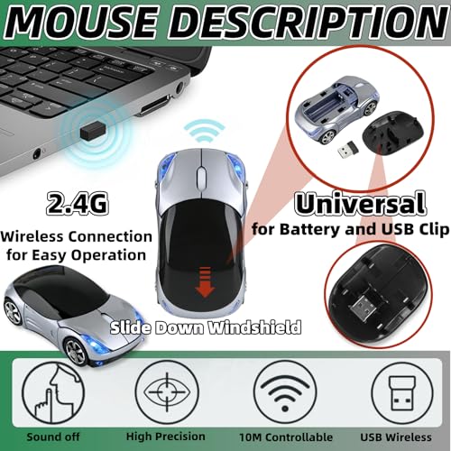 Silver Wireless Mouse，Mini Car Computer Mouse，1600DPI 2.4G with USB Receiver, Ergonomic Cute Computer Mice for Laptop, PC, Windows, Mac OS (Silver) - color: Silver