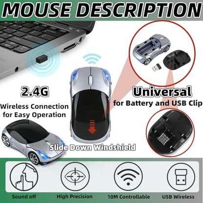 Silver Wireless Mouse，Mini Car Computer Mouse，1600DPI 2.4G with USB Receiver, Ergonomic Cute Computer Mice for Laptop, PC, Windows, Mac OS (Silver) - color: Silver