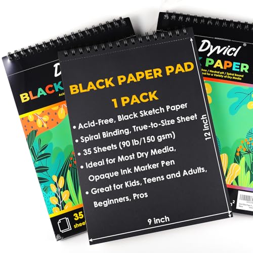 Dyvicl Black Paper Sketchbook 9"x12", 90 lb/150 GSM, 35 Sheets, Spiral Black Sketch Pad Drawing Paper for Pencil, Pastel, White Ink Gel Pen, Charcoal, Chalk, Metallic Marker, Paint Pen - size: 9 x 12 inches