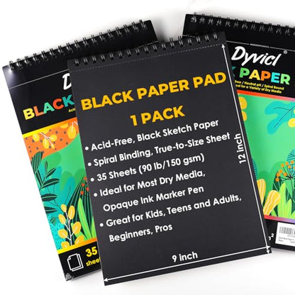 Dyvicl Black Paper Sketchbook 9"x12", 90 lb/150 GSM, 35 Sheets, Spiral Black Sketch Pad Drawing Paper for Pencil, Pastel, White Ink Gel Pen, Charcoal, Chalk, Metallic Marker, Paint Pen - size: 9 x 12 inches